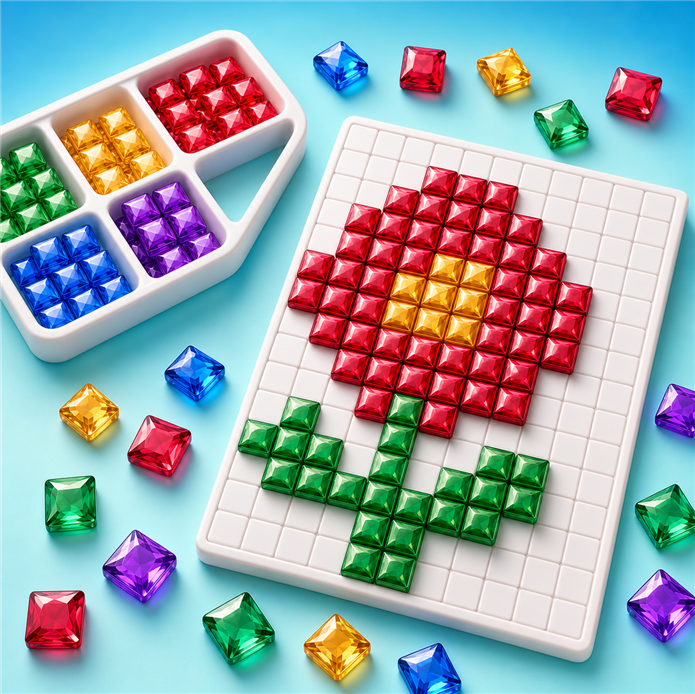 Colorful jewels arranged as pixel art